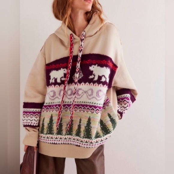 Free People Tops - Free People Cream Knit Hoodie with Forest and Bear Fair Isle